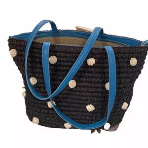 Talbots Navy Blue w/White Dots Raffia Shoulder Bag